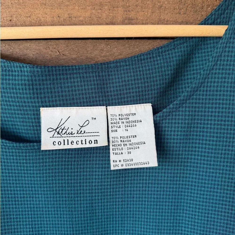 Vintage Kathie Lee Collection Teal Checkered Sleeveless Midi Dress Minimal 90s - Picture 8 of 9